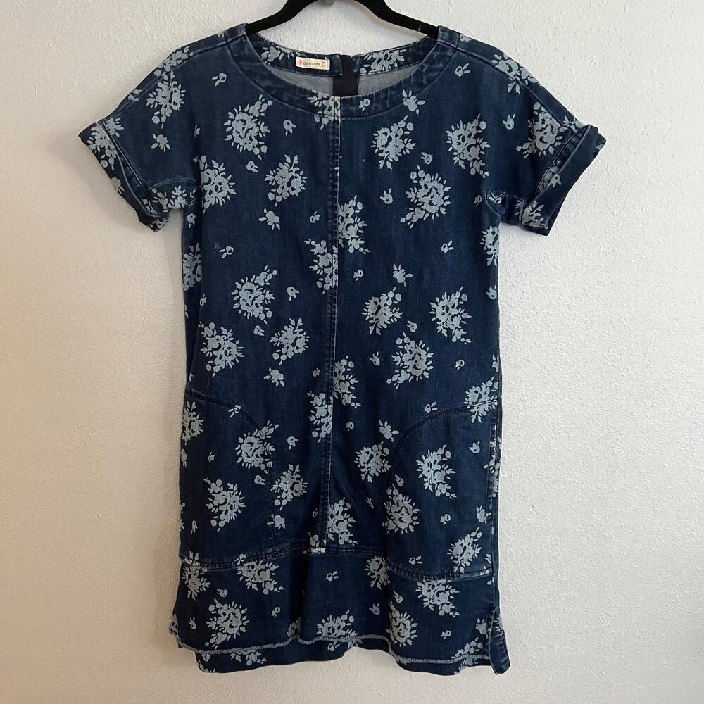 Crewcuts Girls Blue Dress Denim Floral Pockets Back Zip Short Sleeve Sz 10